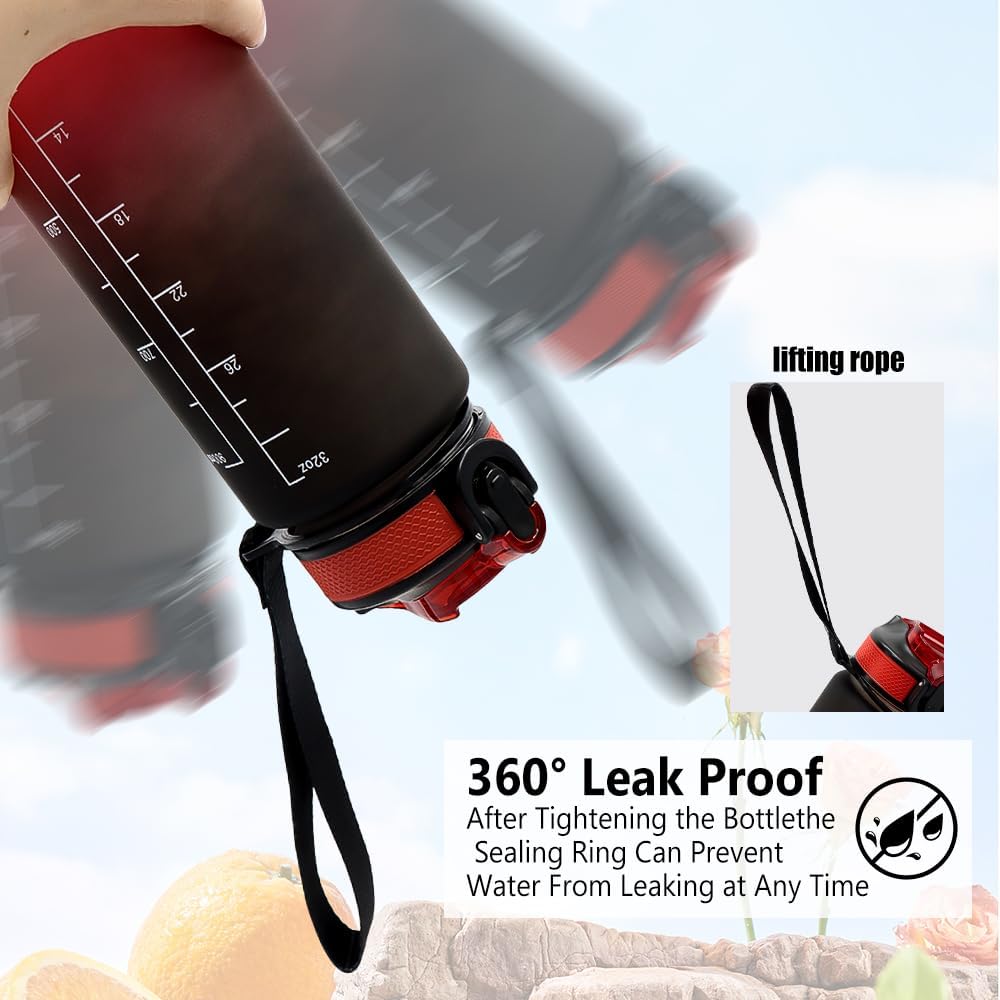 32oz Sports Water Bottle Outdoor, with Drinking Time and Capacity Labels, Sport Water Cups with Straw,BPA Free Leak Proof,for Fitness Gym Running Climbing (Black red)