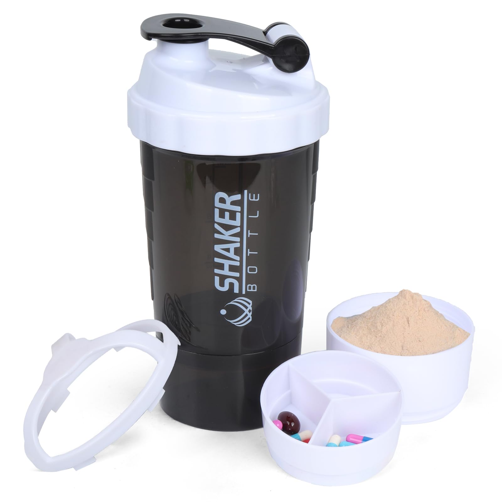 XTK Shaker Bottle Protein Shaker Bottles with Storage and Mix Ball, 16OZ Sports Water Bottle with Pill Organizer,Leak Proof Portable Shaker Cup for Protein Mixes and Pre Work Out,BPA Free(white)
