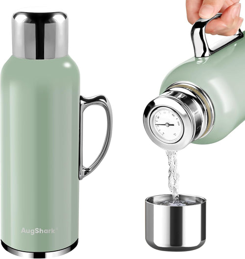 34 oz Insulated Water Bottle, Green Vacuum Stainless Steel Water Flask Jug with Handle & Metal Mechanical Temperature Measuring Cup Lid, Leakproof Travel Bottle Keep Cold 36h Hot 24h