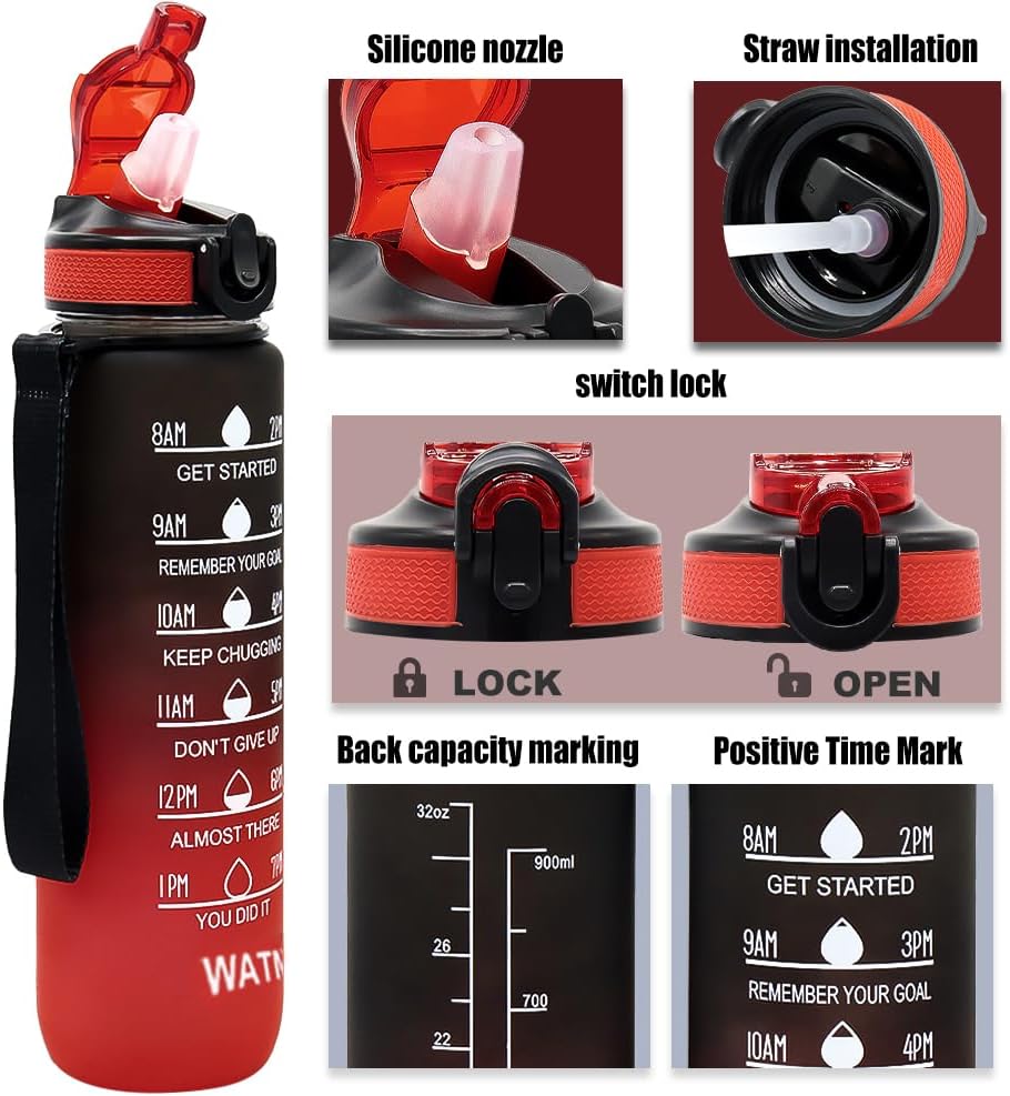 32oz Sports Water Bottle Outdoor, with Drinking Time and Capacity Labels, Sport Water Cups with Straw,BPA Free Leak Proof,for Fitness Gym Running Climbing (Black red)