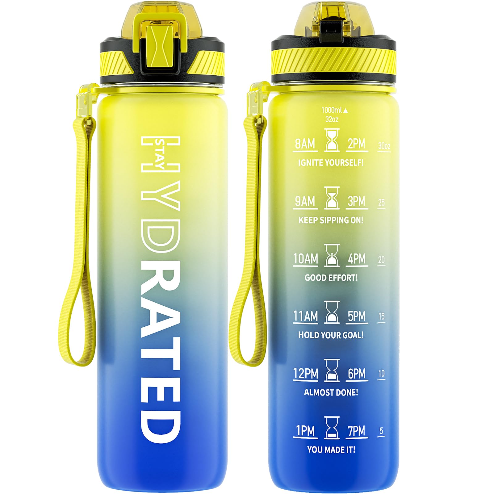 QLUR Water Bottle with Straw, 32oz Motivational Water Bottles with Time Marker to Drink, Tritan BPA Free, 1L Sports Water Bottle with Carry Strap LeakProof for Women Gym Fitness Outdoor (1 Pack)