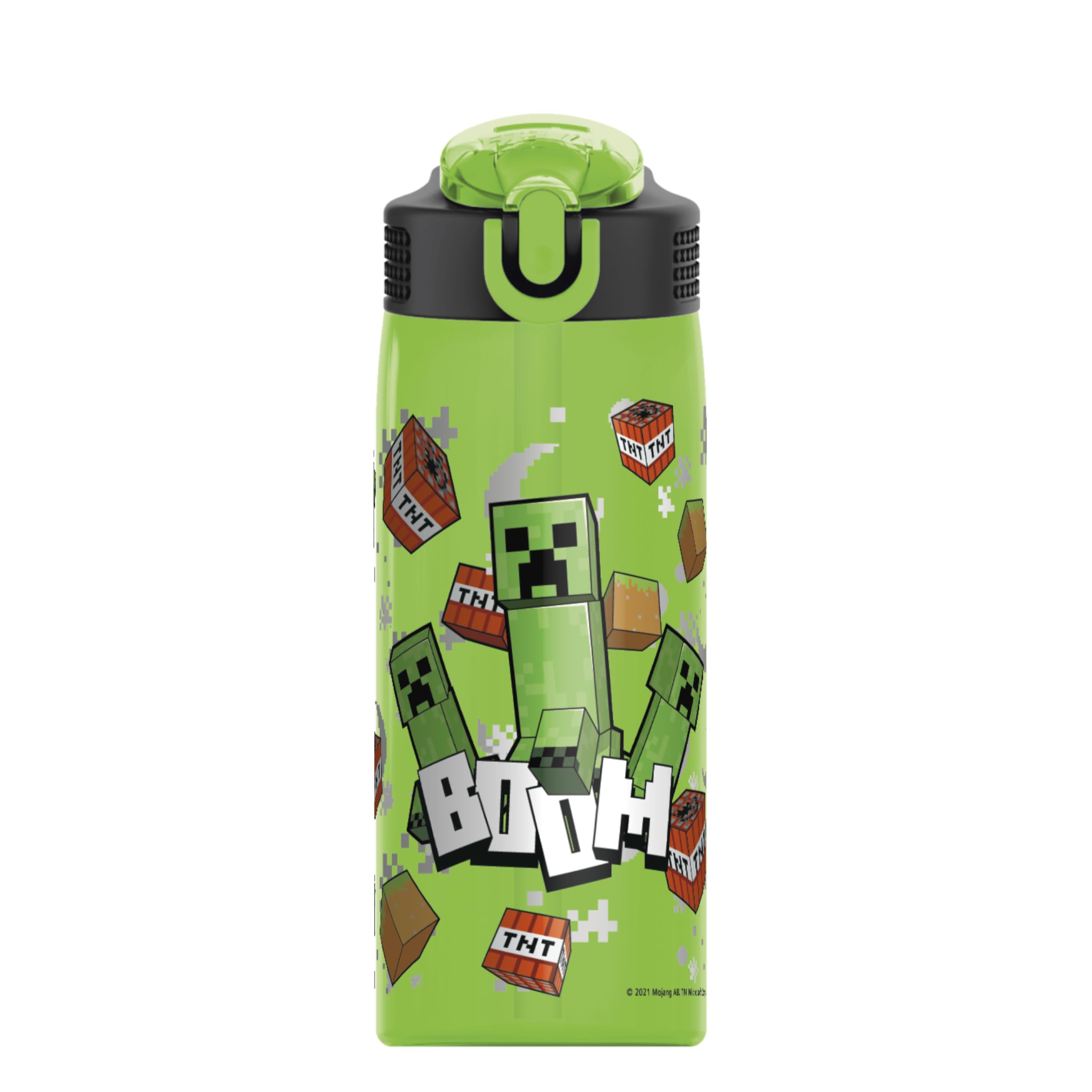 Zak Designs Minecraft Sage Water Bottle For School or Travel, 25oz Durable Plastic Water Bottle With Straw, Handle, and Leak-Proof, Pop-Up Spout Cover (Creeper)