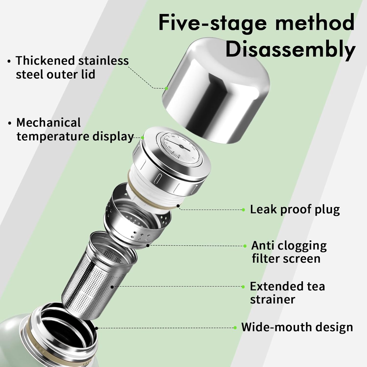 34 oz Insulated Water Bottle, Green Vacuum Stainless Steel Water Flask Jug with Handle & Metal Mechanical Temperature Measuring Cup Lid, Leakproof Travel Bottle Keep Cold 36h Hot 24h