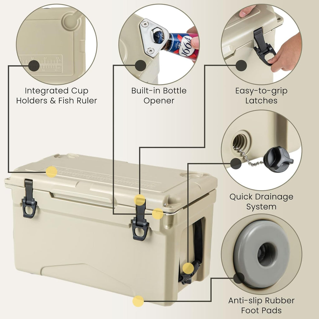 Goplus Cooler, Insulated Large Ice Chest with Portable Handles, Integrated Cup Holders, Leak-Proof Tight Latches, 5-7-day Ice Retention, Heavy Duty Hard Coolers for Beach, Picnic, Camping, Boat