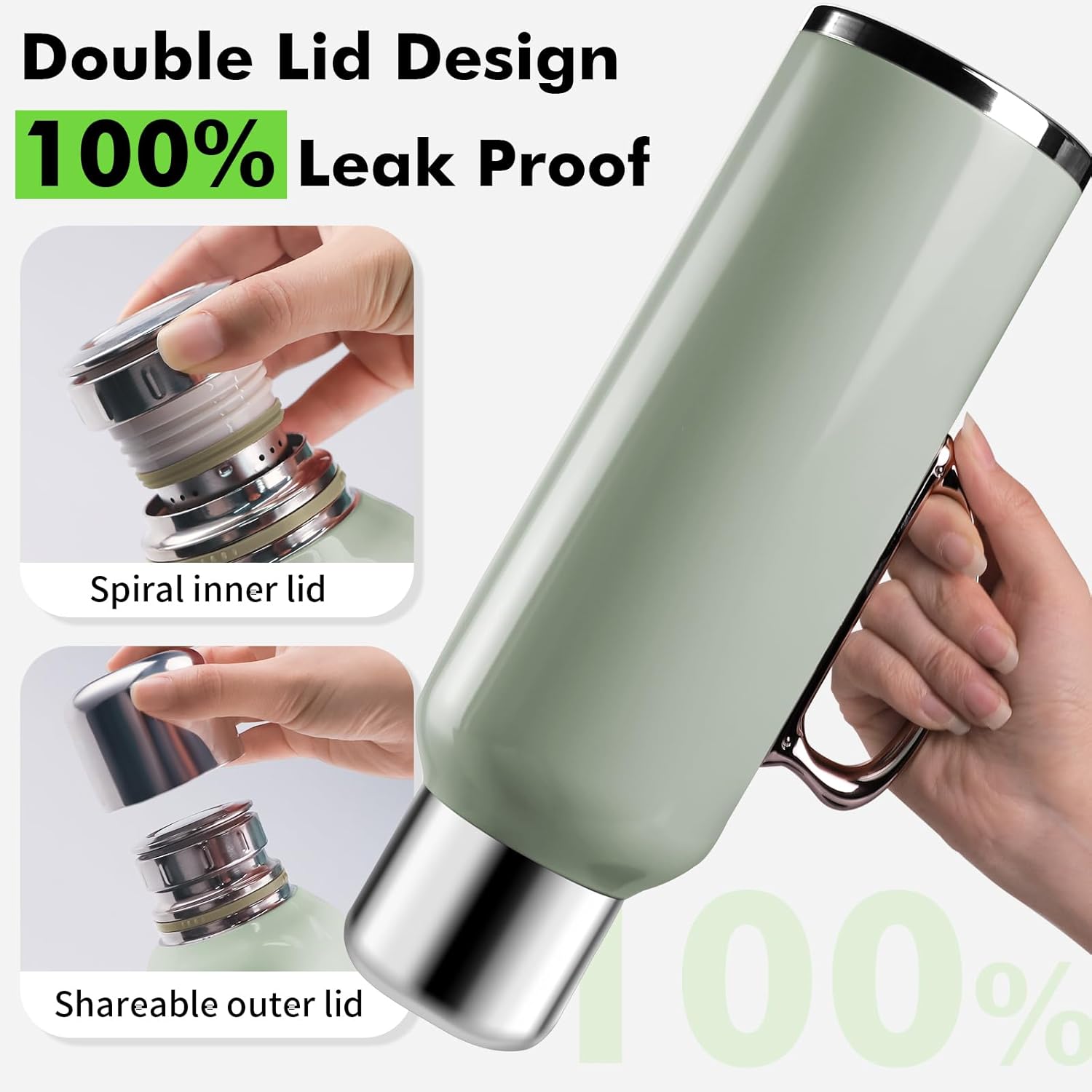 34 oz Insulated Water Bottle, Green Vacuum Stainless Steel Water Flask Jug with Handle & Metal Mechanical Temperature Measuring Cup Lid, Leakproof Travel Bottle Keep Cold 36h Hot 24h
